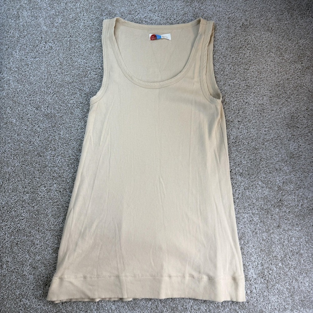 FP Beach Tank Top Womens M Beige Ribbed Scoop Neck Long Tunic Cotton Casual